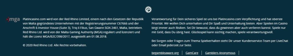 Platin Casino allgemeine Informationen