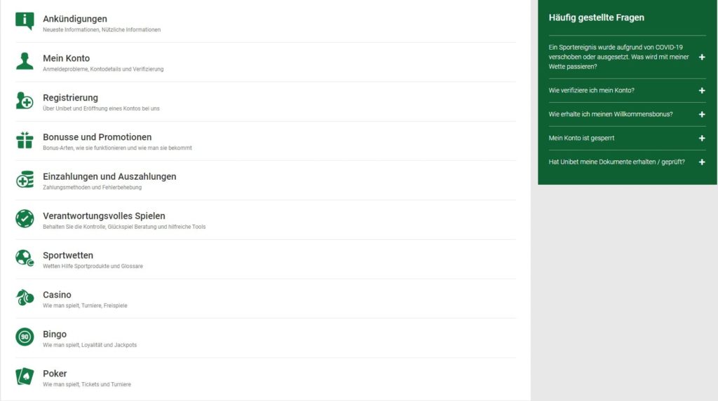 Unibet FAQ-Bereich