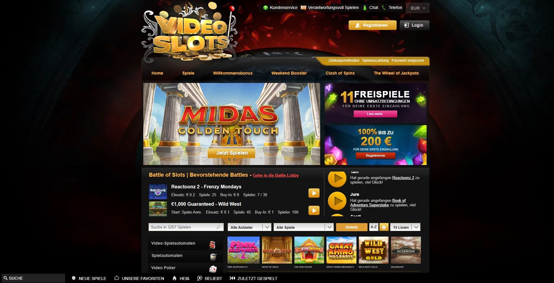 Videoslots Webseite